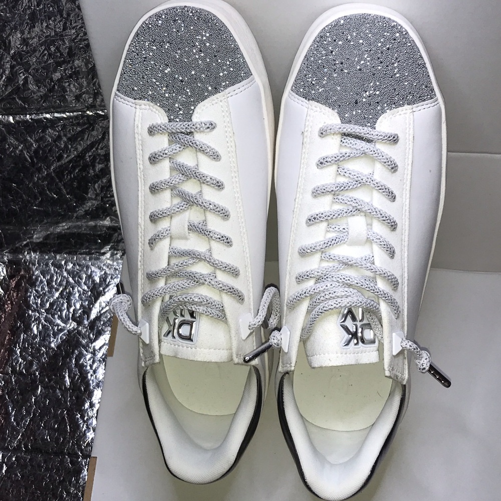 DKNY White Sneakers with Silver Glitter Toe Caps
